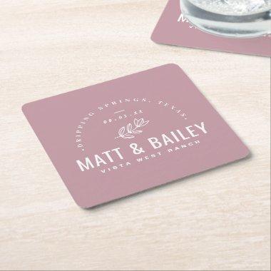 Modern Bloom Wedding Monogram | Mauve Square Paper Coaster