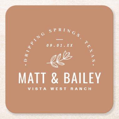 Modern Bloom Wedding Monogram | Terra Cotta Square Paper Coaster