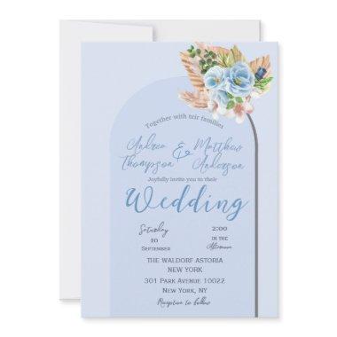 Modern Blue Boho Arch Pampass Grass Floral Wedding Invitations