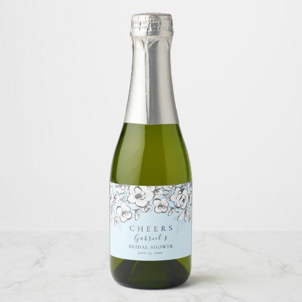 Modern Blue Cheers White Floral Bridal Shower Sparkling Wine Label