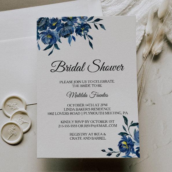 Modern Blue Floral Bridal Shower Invitations