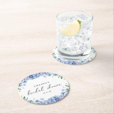 Modern Blue Hydrangea Floral  Round Paper Coaster