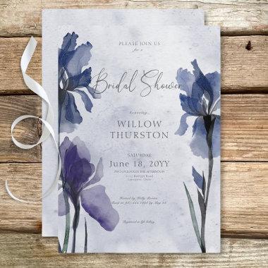 Modern Blue Iris Flowers on Blue Bridal Shower Invitations
