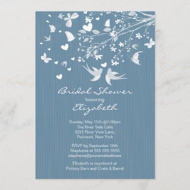 Modern Blue Love Birds Bridal Shower Invitations