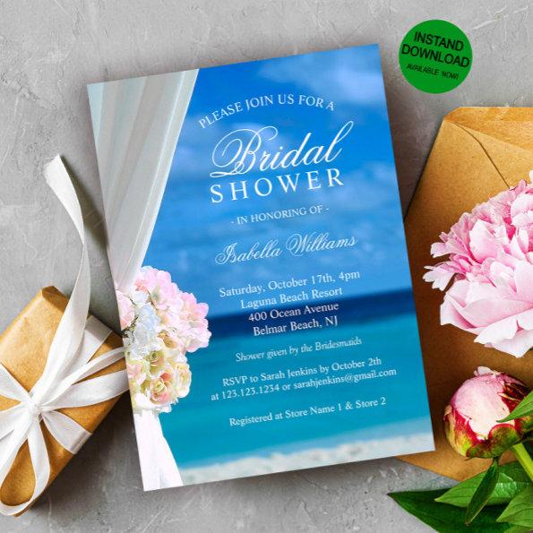 Modern Blue Ocean Beach Bridal Shower Invitations
