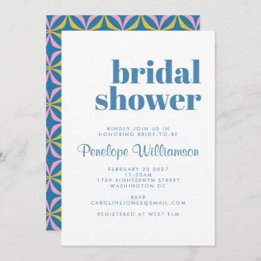 Modern Blue Pattern Retro Typography Bridal Shower Invitations