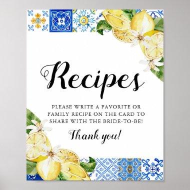 Modern Blue Tile Lemons Bridal Shower Recipe Sign