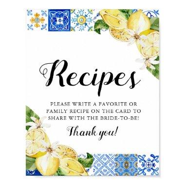 Modern Blue Tile Lemons Bridal Shower Recipe Sign