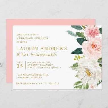 Modern Blush Chic Floral Gold Bridesmaid Luncheon Invitations