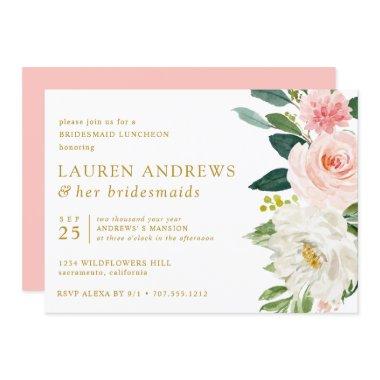 Modern Blush Chic Floral Gold Bridesmaid Luncheon Invitations