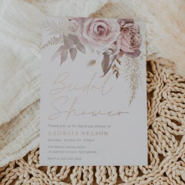 Modern Blush Floral Bridal Shower Real Rose Gold Foil Invitations