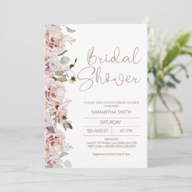 Modern Blush Floral Eucalyptus Bridal Shower Invitations