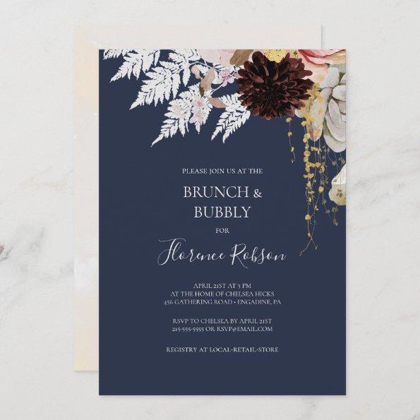 Modern Blush Floral | Navy Brunch and Bubbly Invitations