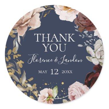 Modern Blush Floral | Navy Thank You Wedding Favor Classic Round Sticker