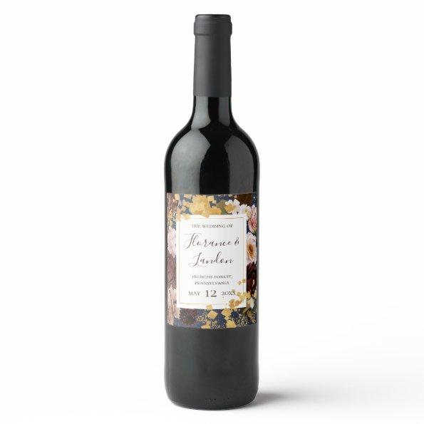 Modern Blush Floral | Navy Wedding Wine Label