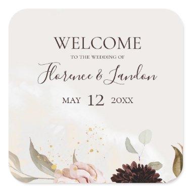 Modern Blush Floral | Watercolor Wedding Welcome Square Sticker