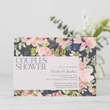 Modern Blush Navy Watercolor Floral Couples Shower Invitations