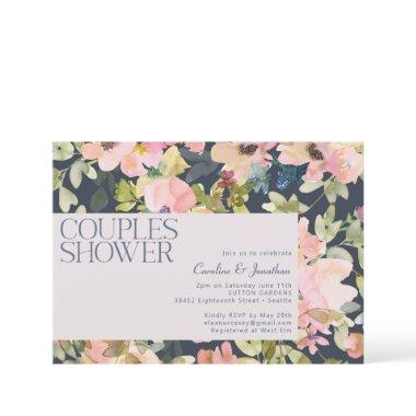 Modern Blush Navy Watercolor Floral Couples Shower Invitations