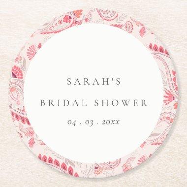 Modern Blush Paisley Typography Bridal Shower Round Paper Coaster