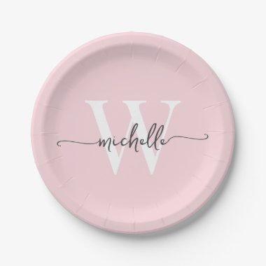 Modern Blush Pink Custom Monogram Name Script Paper Plates