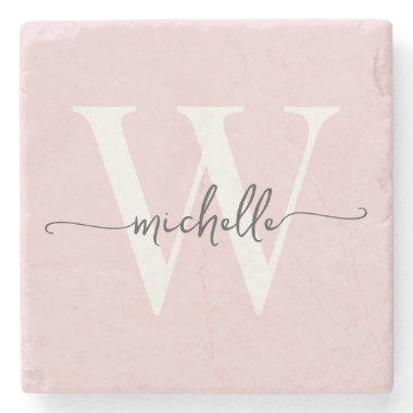Modern Blush Pink Custom Monogram Name Script Stone Coaster
