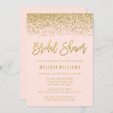 Modern Blush Pink Faux Gold Glitter Bridal Shower Invitations