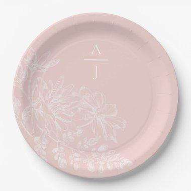 Modern Blush Pink Monogram Floral Paper Plate