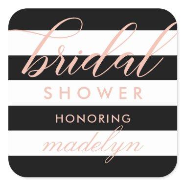 Modern Blush Script Black Stripes Bridal Shower Square Sticker