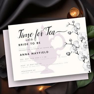 Modern Boho Black White Orchid Time for Tea Bridal Invitations