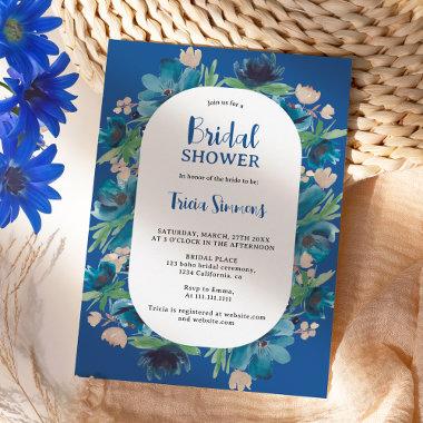 Modern Boho blue floral arch script bridal shower Invitations