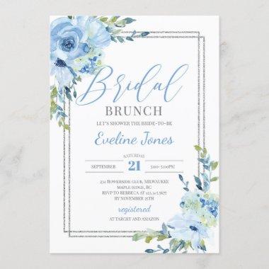 Modern Boho blue floral silver frame Bridal brunch Invitations