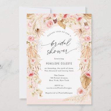 Modern Boho Floral Arch pampas grass bridal Shower Invitations