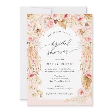 Modern Boho Floral Arch pampas grass bridal Shower Invitations