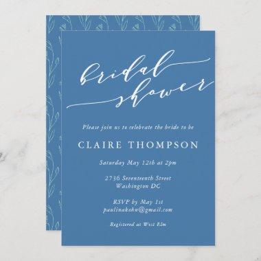 Modern Boho Floral Art Blue Script Bridal Shower Invitations