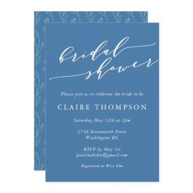 Modern Boho Floral Art Blue Script Bridal Shower Invitations