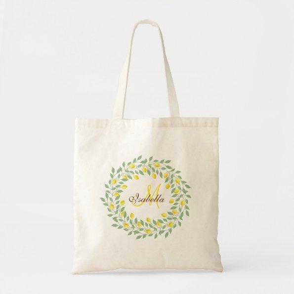 Modern Boho Lemon Monogram Bridal Shower Favor Tote Bag
