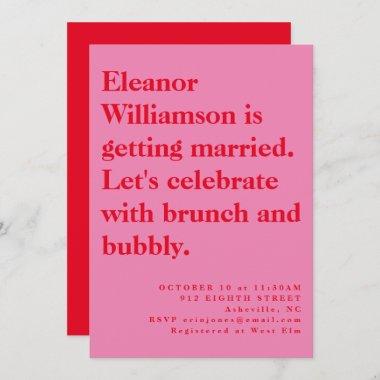 Modern Bold Pink and Red Typography Bridal Brunch Invitations