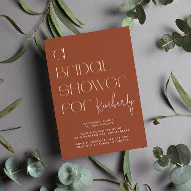 Modern Bold Terracotta Brown Bridal Shower Gold Foil Invitations