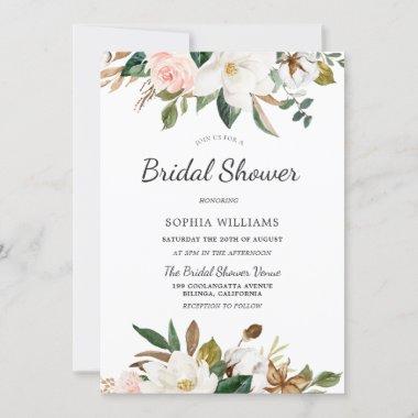 Modern Botanical Blush White Floral Bridal Shower Invitations