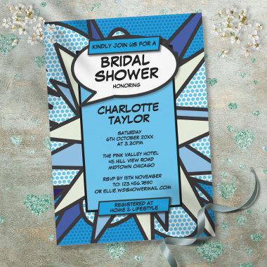 Modern Bridal Shower Comic Book Blue Fun Invitations