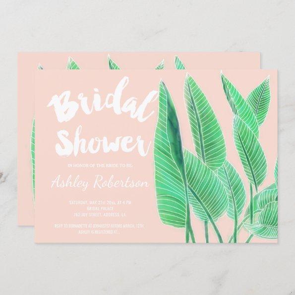 Modern bridal shower watercolor tropical leaf pink Invitations