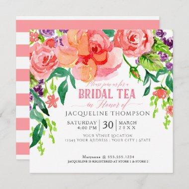 Modern Bridal Tea Party Floral Coral Pink Roses Invitations
