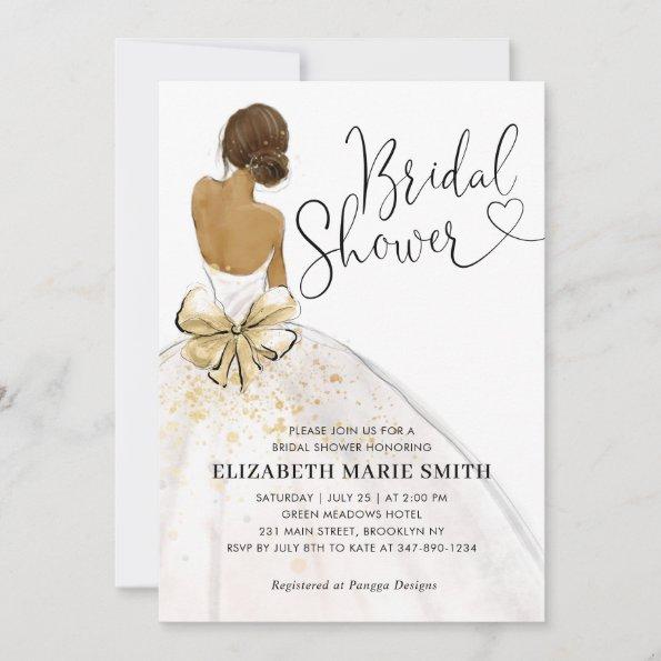 Modern Bride White Gold Wedding Gown Bridal Shower Invitations