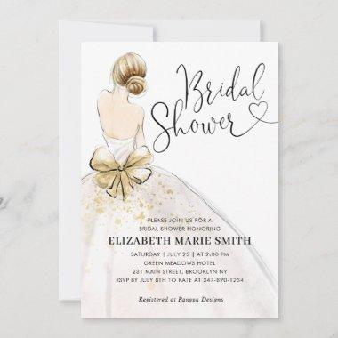 Modern Bride White Gold Wedding Gown Bridal Shower Invitations
