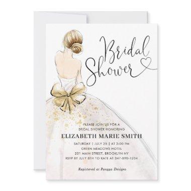 Modern Bride White Gold Wedding Gown Bridal Shower Invitations