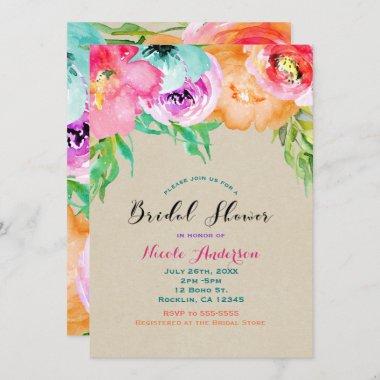 Modern Bright Floral Brown Kraft Bridal Shower Invitations