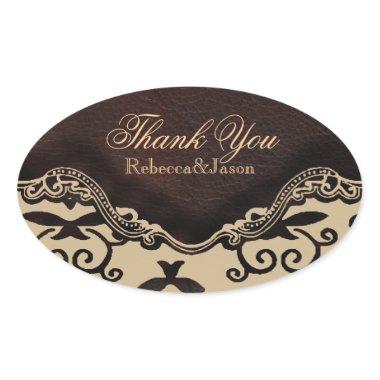 modern brown leather damask country thankyou oval sticker