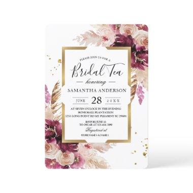 Modern Burgundy Blush Pink Floral & Gold Frame Invitations