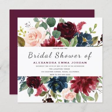 Modern Burgundy Floral Watercolor Bridal Shower Invitations