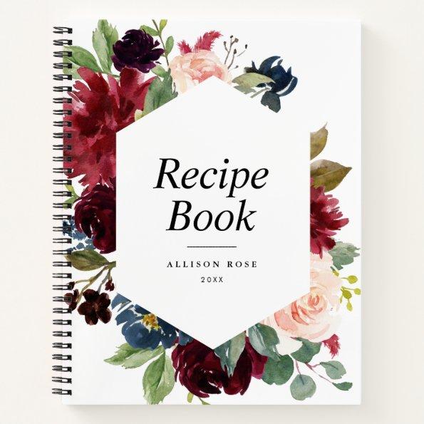 Modern burgundy navy floral frame Recipe Book